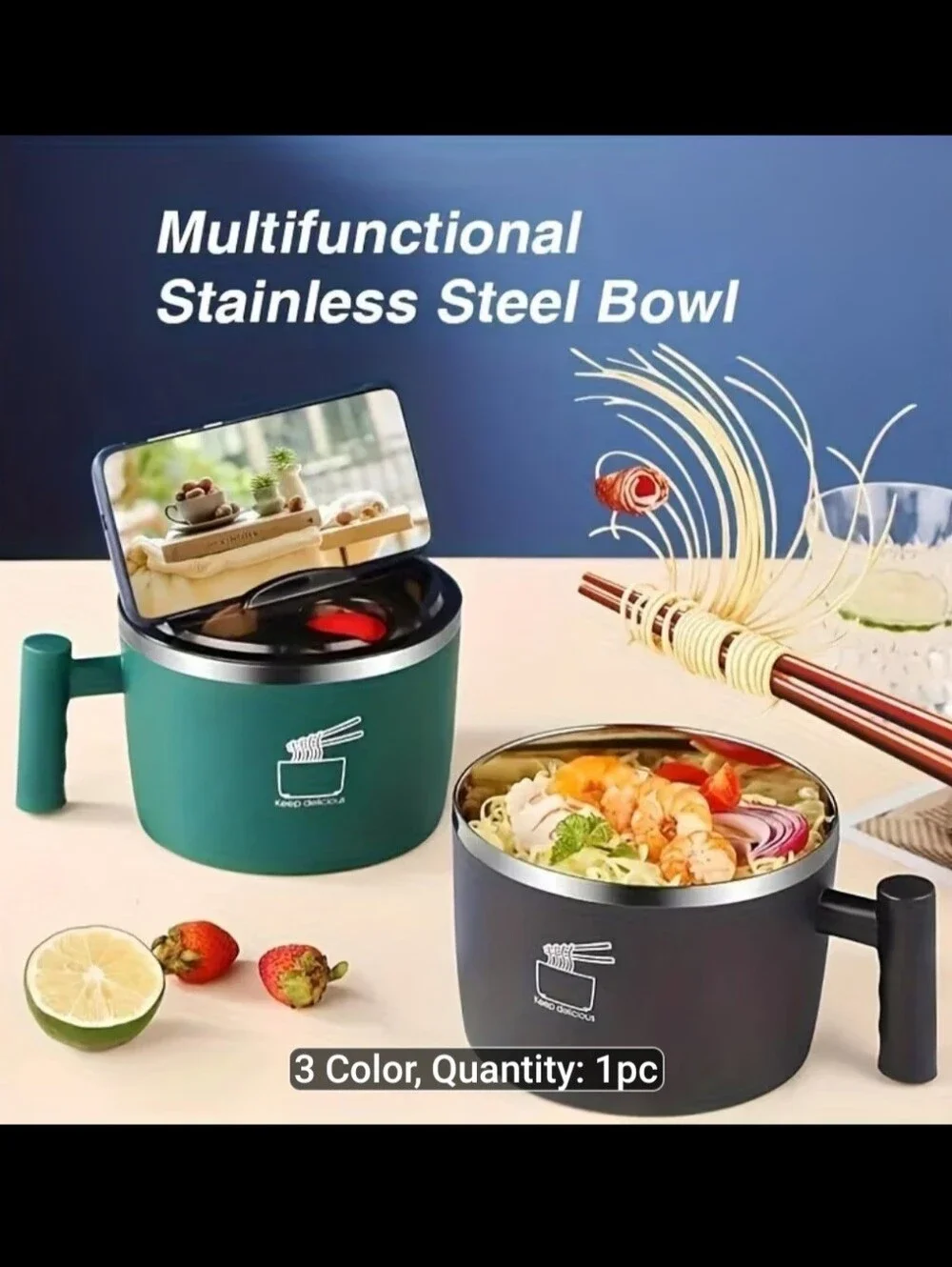 Black Stainless Steel Noodle Bowl with Handle and Steam Vent